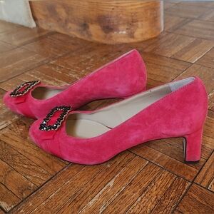 Talbots Isadora Red Pop Suede Flats Women’s 8M Rhinestone Buckle Pre-Own